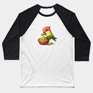 cute love birds are eating Mexican specialties, Tacos, Burritos, Enchiladas, Quesadillas, Guacamole, Fajitas, Chiles Rellenos, Tamales, Mole, Chilaquiles, Baseball T-Shirt